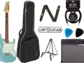 E-Gitarre, Tasche, Gurt, Kabel, Plektren, Ständer und Verstärker.
