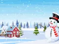 Schneemann mit Zylinder und Schal vor verschneiter Winterlandschaft mit Häusern und Tannenbäumen.