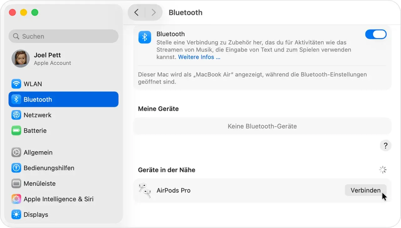So verbindet man AirPods: Im Bluetooth-Menü des Macs werden die AirPods Pro als verfügbares Gerät angezeigt. Klicke auf "Verbinden".