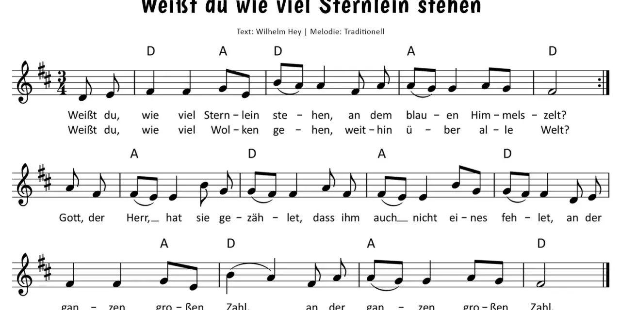 Notenblatt mit dem Liedtext "Weißt du, wie viel Sternlein stehen". Ein klassisches Kinderlied, das wie ein Glasperlenspiel die Sterne zählt.