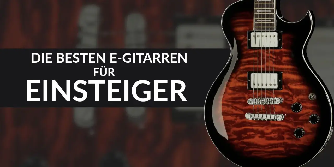 E-Gitarre mit Flammenmuster und Text "Die besten E-Gitarren für Einsteiger".