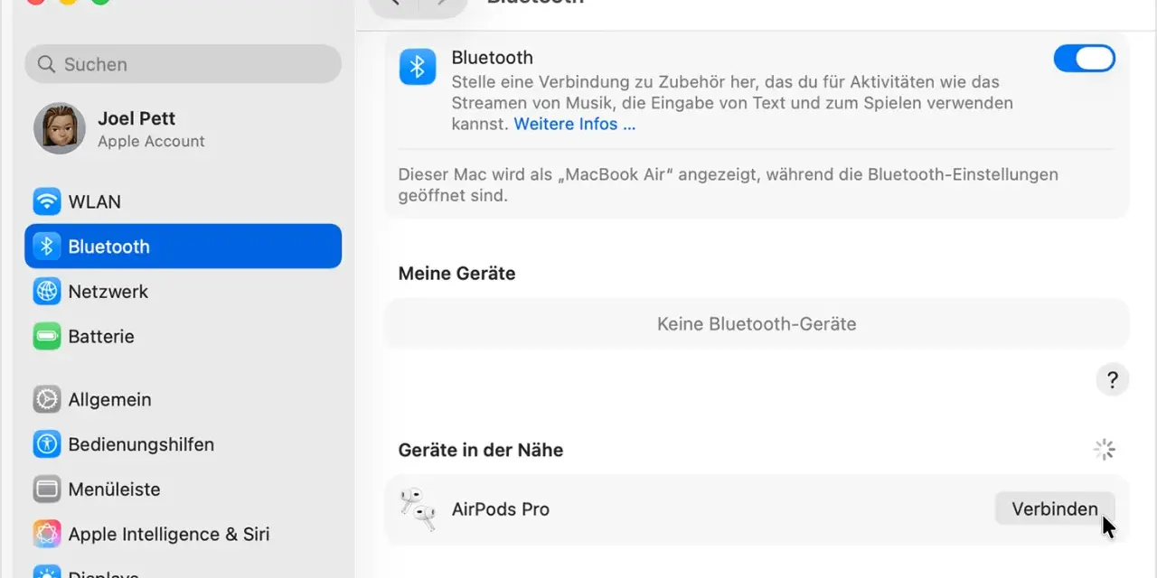So verbindet man AirPods: Im Bluetooth-Menü des Macs werden die AirPods Pro als verfügbares Gerät angezeigt. Klicke auf "Verbinden".