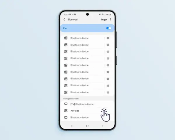 Smartphone-Bildschirm zeigt Bluetooth-Einstellungen mit AirPods als verfügbares Gerät.