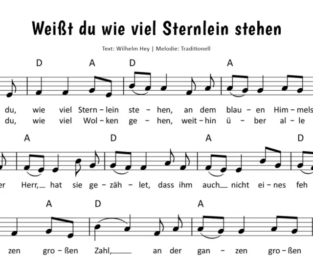 Notenblatt mit dem Liedtext "Weißt du, wie viel Sternlein stehen". Ein klassisches Kinderlied, das wie ein Glasperlenspiel die Sterne zählt.