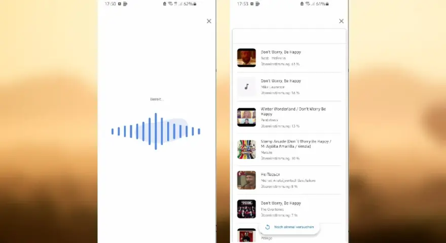 Zwei Smartphone-Bildschirme: Links eine Musikerkennungs-App mit Wellenform, rechts eine Liste mit Songvorschlägen.