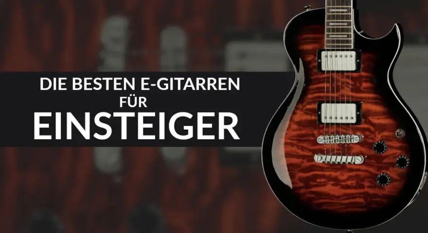 E-Gitarre mit Flammenmuster und Text "Die besten E-Gitarren für Einsteiger".