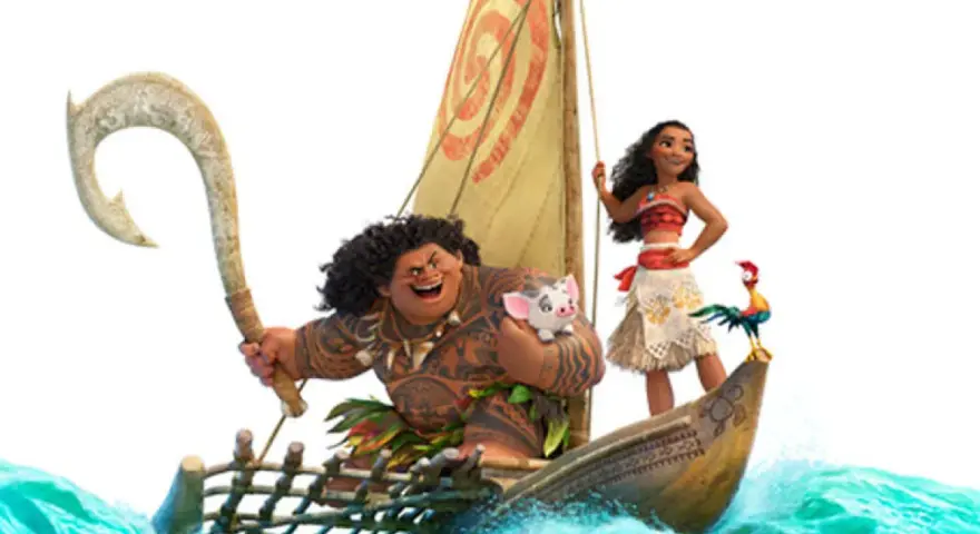 Maui, Vaiana und Schweinchen auf einem Boot im Meer.