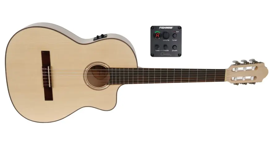 Akustikgitarre mit Fishman Vorverstärker auf weißem Hintergrund.