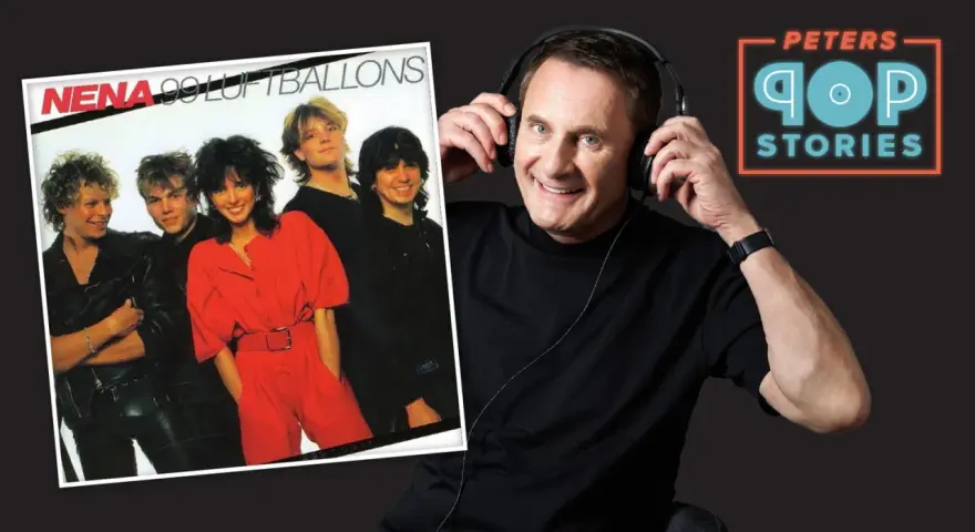 Nenas Albumcover "99 Luftballons" und ein Mann mit Kopfhörern.