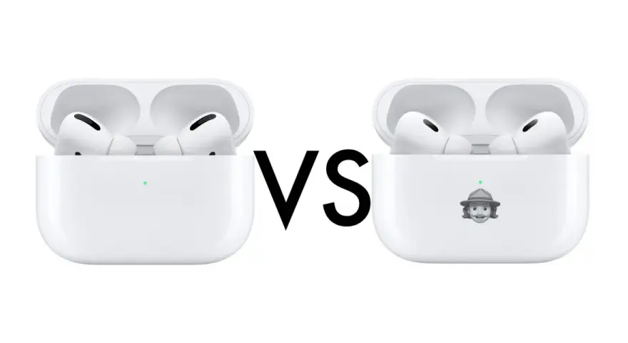 Zwei weiße AirPods Pro Ladecases nebeneinander, getrennt durch ein "VS". Das rechte Case hat ein Safari-Emoji.
