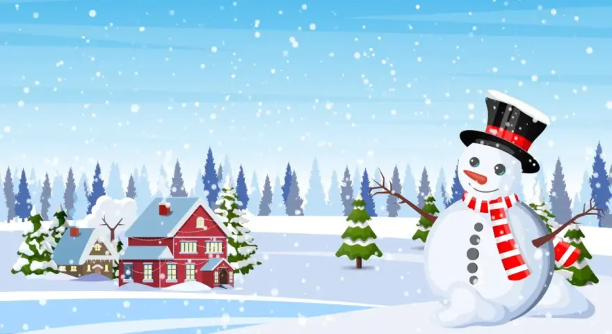 Schneemann mit Zylinder und Schal vor verschneiter Winterlandschaft mit Häusern und Tannenbäumen.