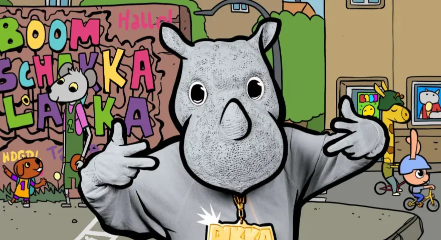 Ein Nashorn mit Goldkette und Graffiti im Hintergrund.