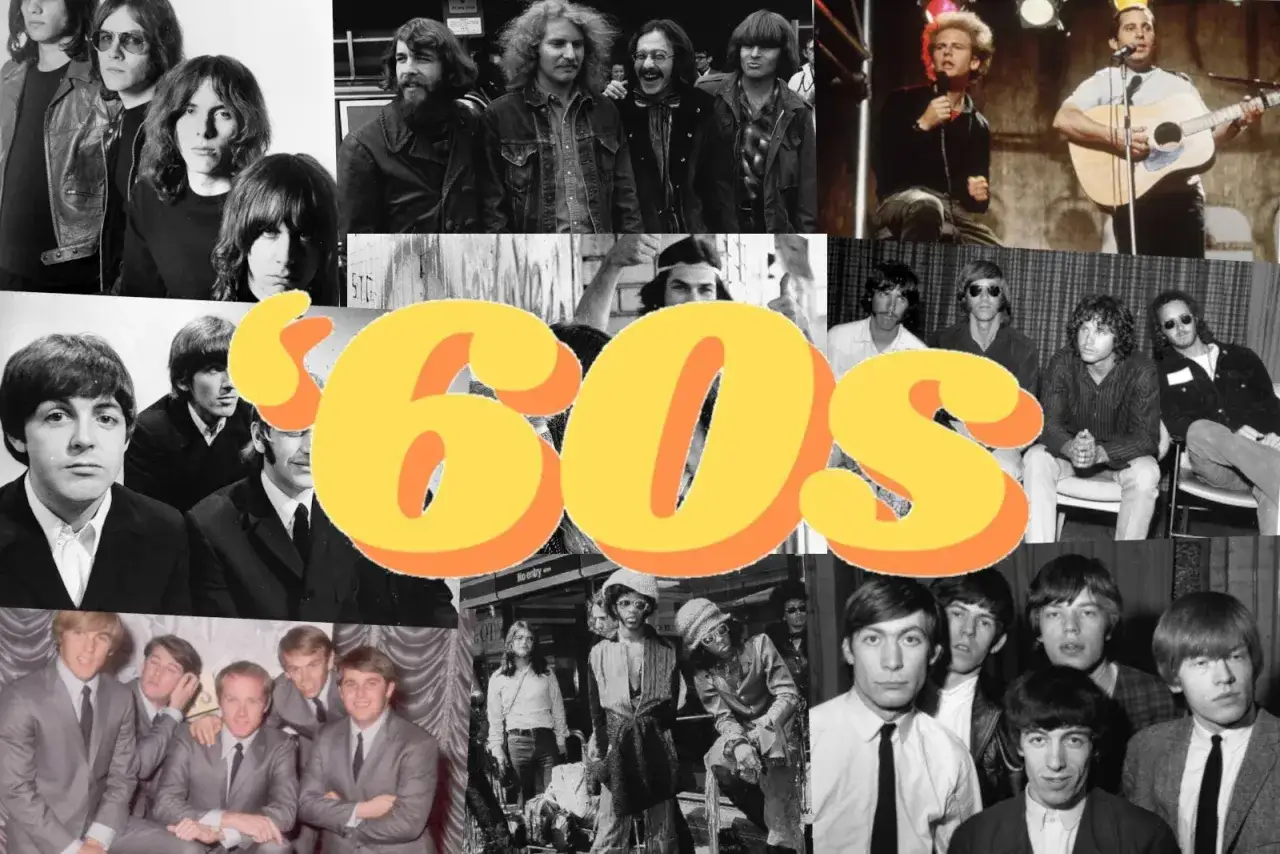 Bilder von Bands und Musikern, die die Musikrichtung der 60er Jahre prägten, darunter die Beatles und die Rolling Stones.