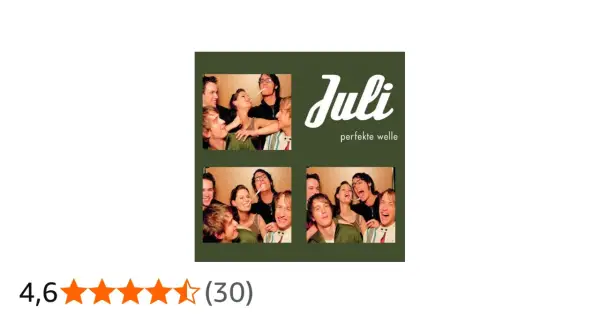 Vier Fotos von jungen Leuten, die Spaß haben, mit dem Bandnamen "Juli" und "perfekte Welle".