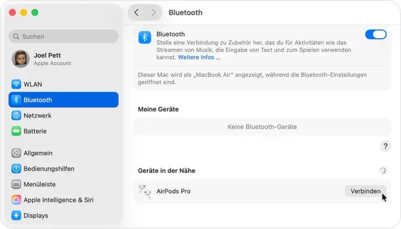 So verbindet man AirPods: Im Bluetooth-Menü des Macs werden die AirPods Pro als verfügbares Gerät angezeigt. Klicke auf "Verbinden".